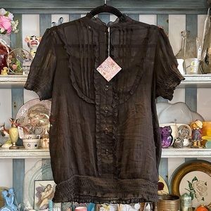 Colori sheer black short sleeve shirt with ruffles ruching and faux buttons goth